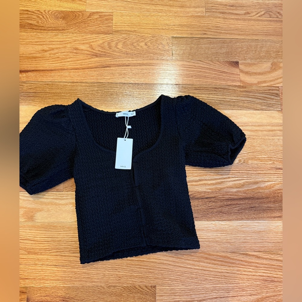 Mango Black Textured Puff Sleeve Top